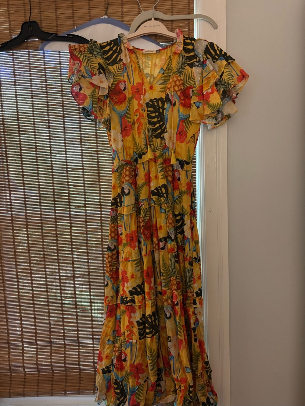 Yellow Tropical Maxi Dress with Ruffle Sleeves